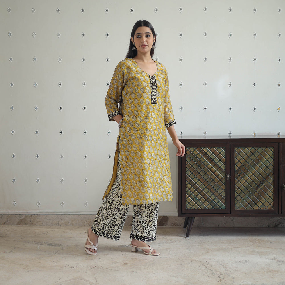 Yellow - Hand Block Bagru Print Chanderi Silk Kurta Set 07