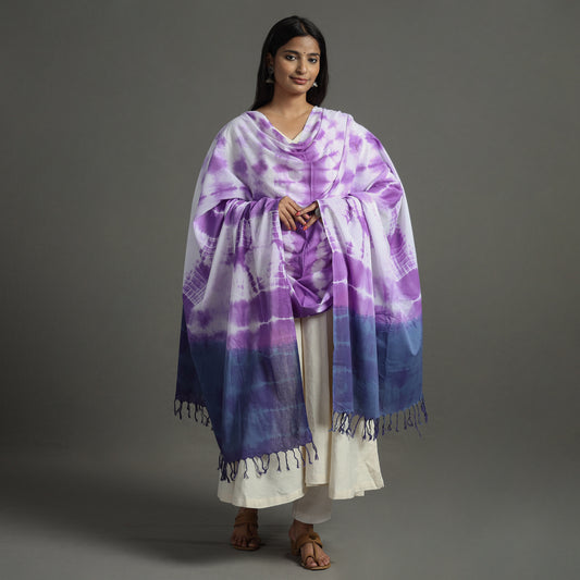 Purple - Shibori Tie-Dye Cotton Dupatta with Tassels 94