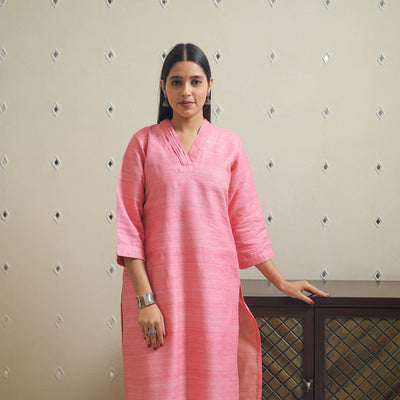 Pink - Bhagalpuri Handwoven Desi Tussar Silk Plain Kurta 08