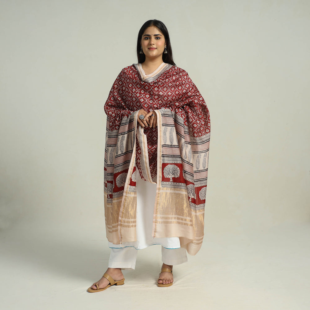 Red - Traditional Maheshwari Silk Bagh Print Dupatta 07