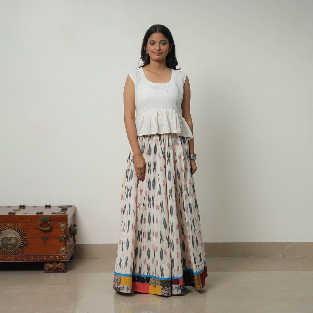 White - 24 Kali Cotton Pochampally Ikat Skirt with Border 15