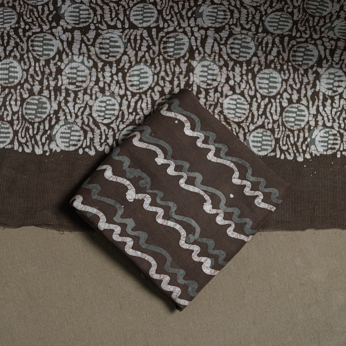 Kutch Hand Batik Print Cotton Unstitched Dress Material: Kurta, Bottom & Dupatta 06