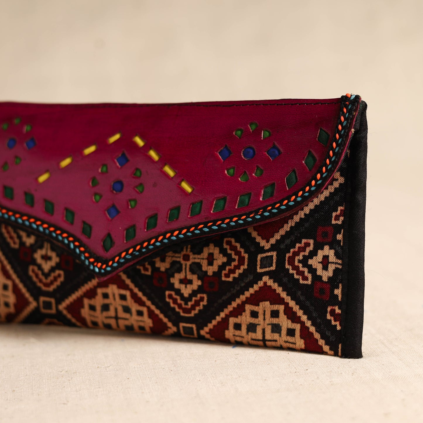 Traditional Kutch Mashru Silk Leather Flap Clutch / Wallet 96