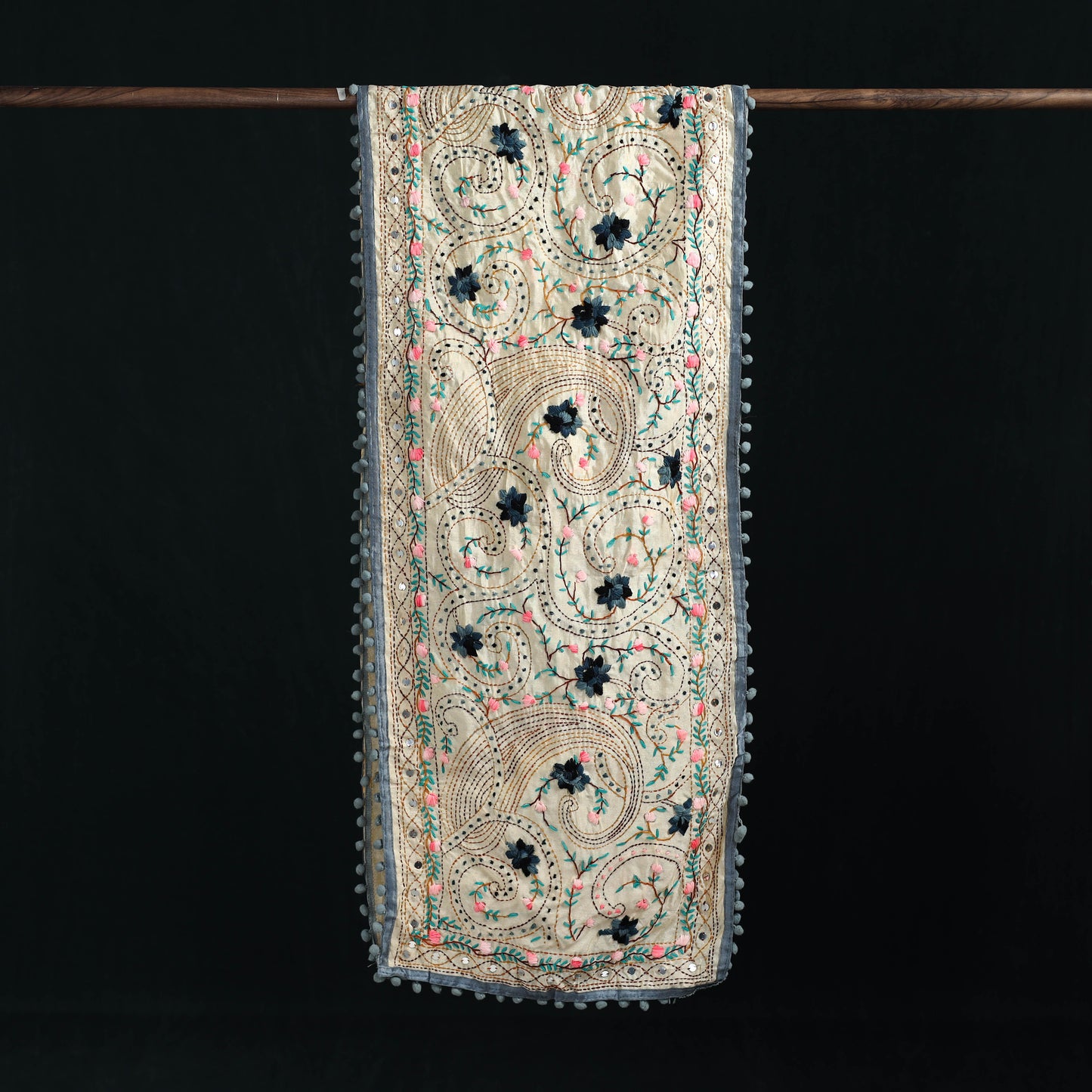 Ranihati Chanderi Silk Hand Embroidered Stole with Pom Pom 251