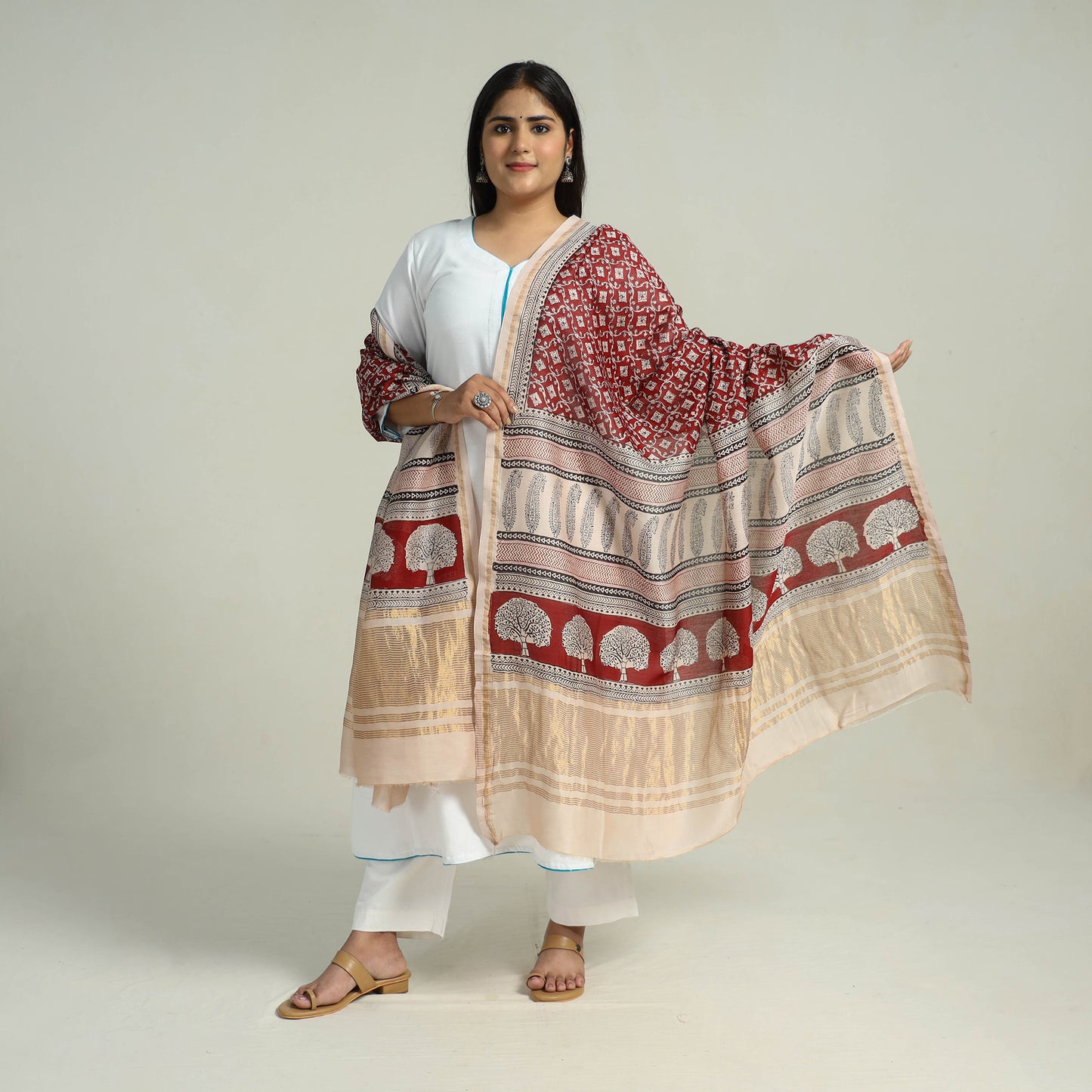 Red - Traditional Maheshwari Silk Bagh Print Dupatta 07