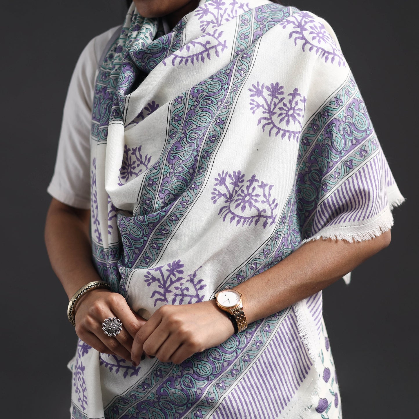 Purple - Hand Block Print Merino Wool Sanganeri Saree 08