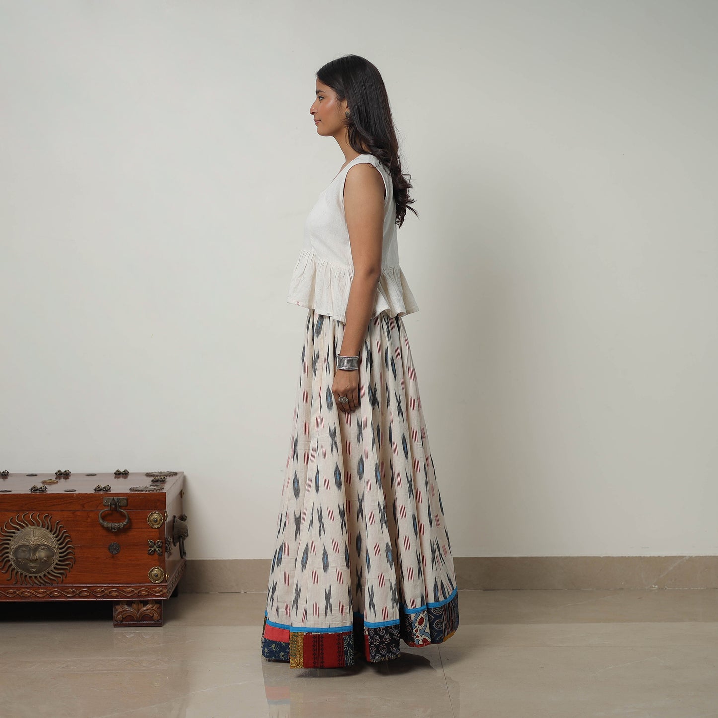 White - 24 Kali Cotton Pochampally Ikat Skirt with Border 15