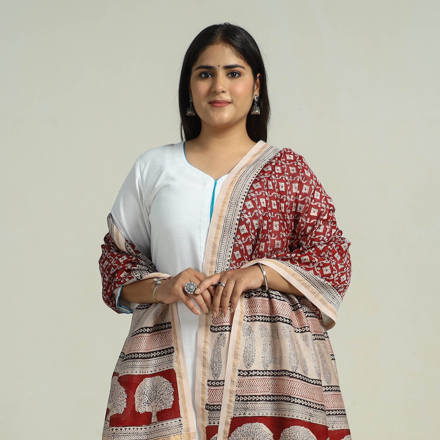 Red - Traditional Maheshwari Silk Bagh Print Dupatta 07