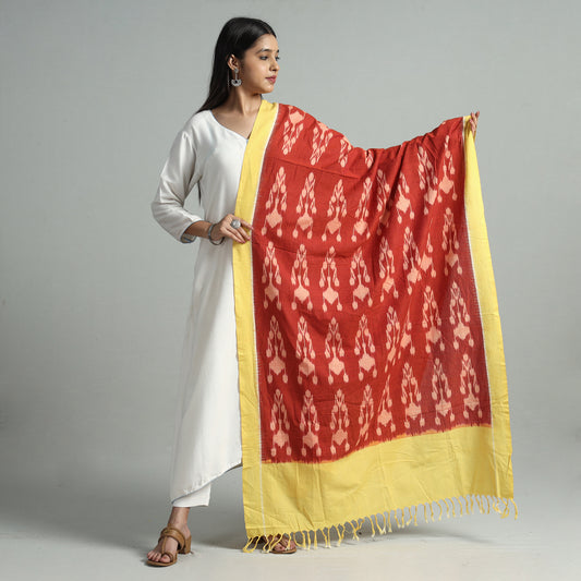 Red - Pochampally Ikat Handloom Cotton Dupatta with Tassels 35