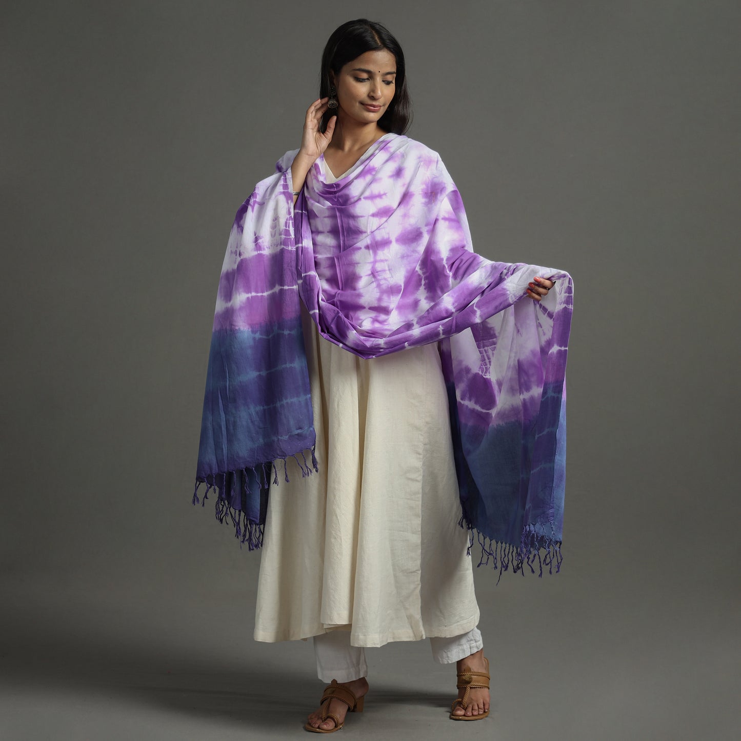 Purple - Shibori Tie-Dye Cotton Dupatta with Tassels 94