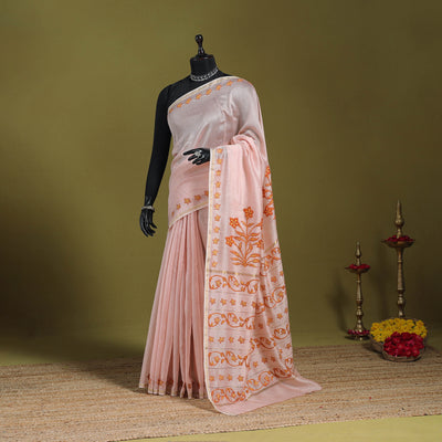 Pink - hand embroidery chanderi silk kashida saree