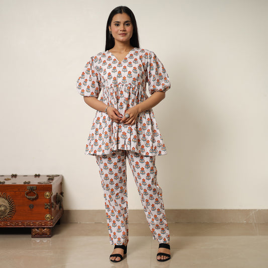 White - Sanganeri Block Printed Cotton Co-Ord Set 29