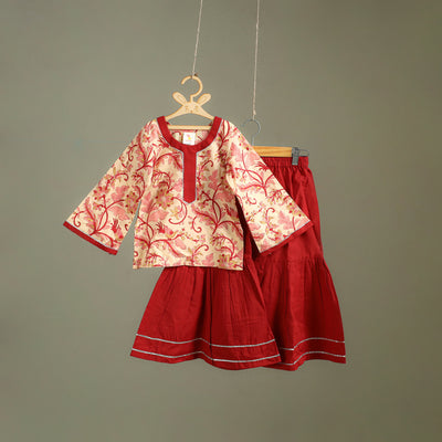 Girls Gota Work Floral Block Print Cotton Kurta with Sharara Set (3-4 Years) 05
