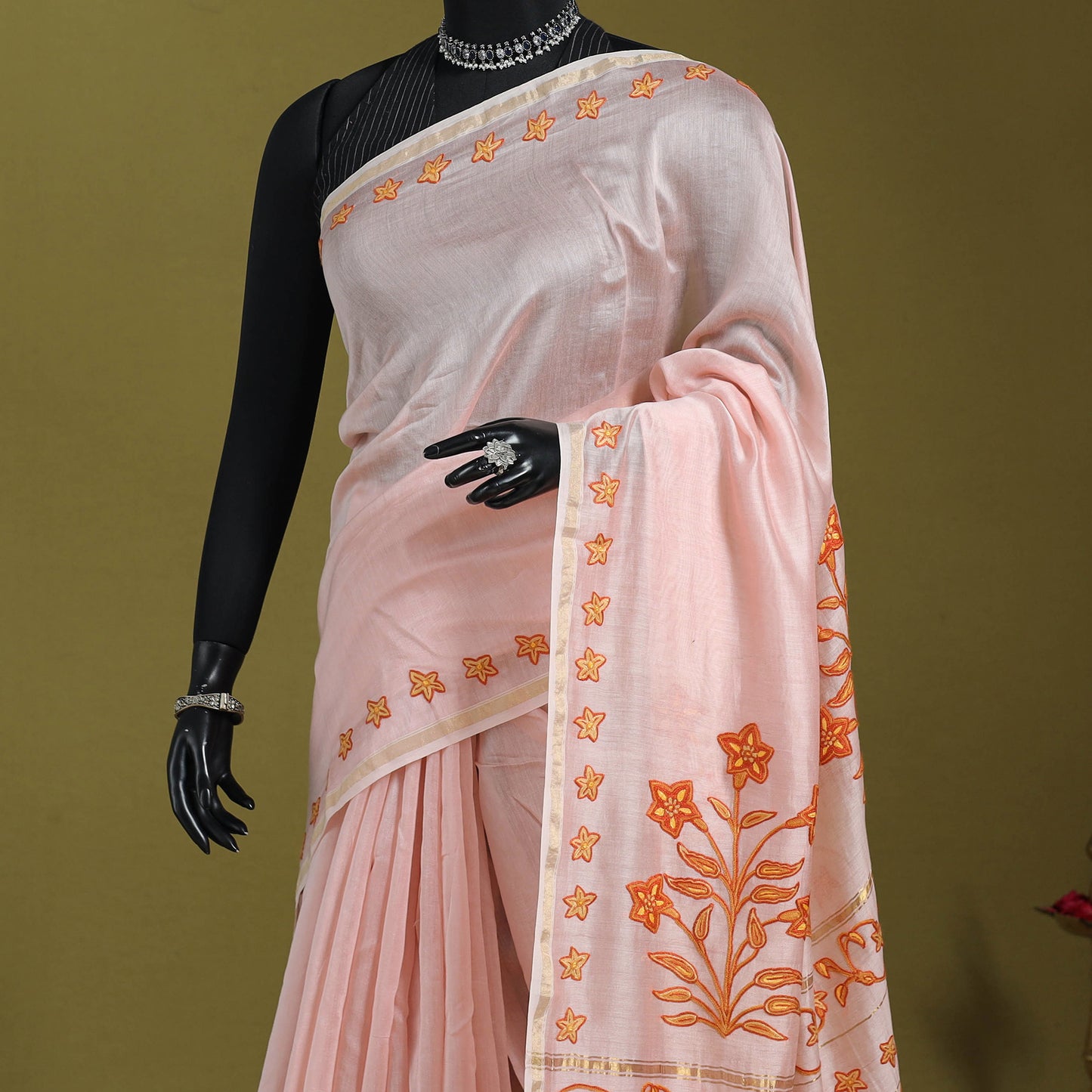 Pink - hand embroidery chanderi silk kashida saree