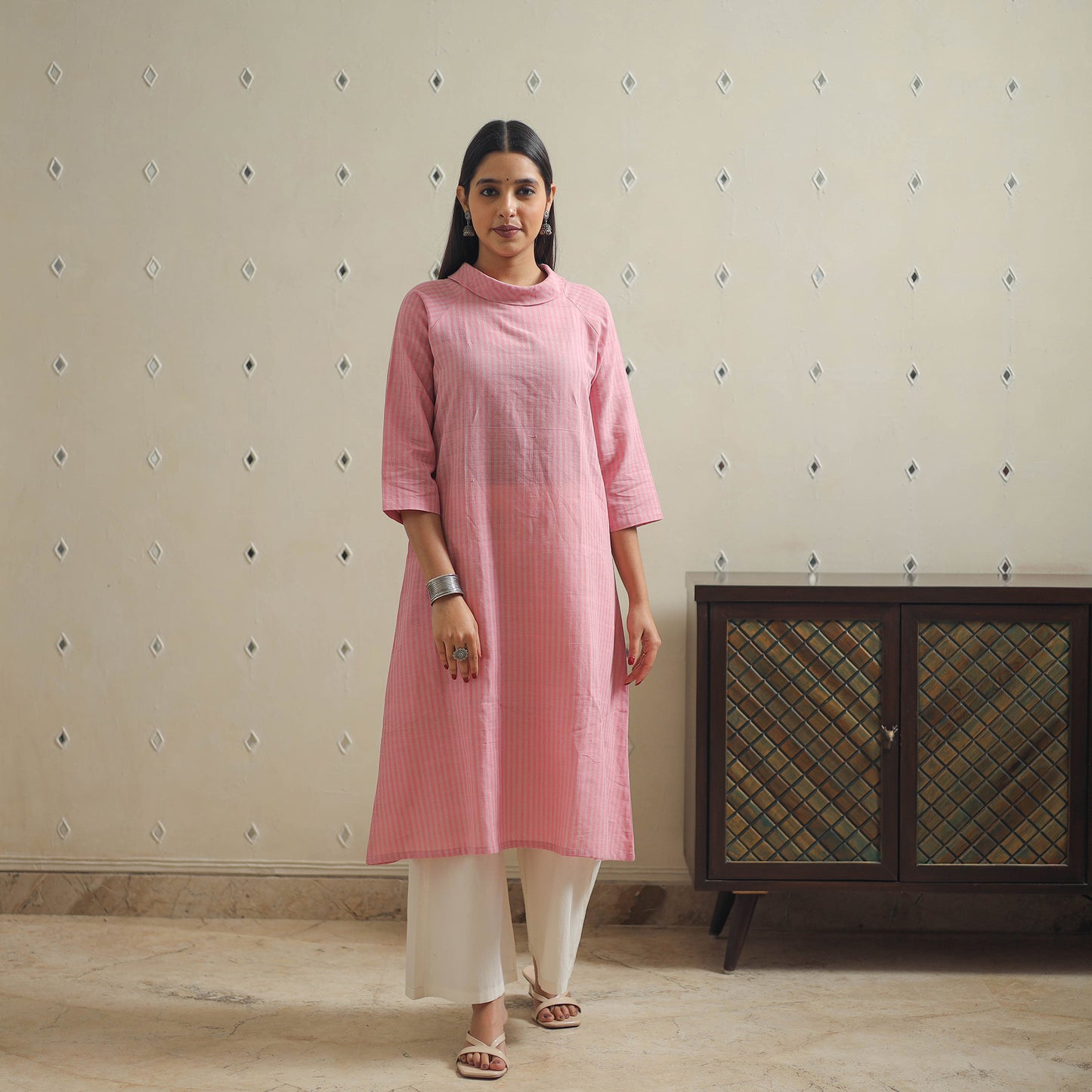 Pink - Handwoven A-Line Stripes Cotton Kurta 20