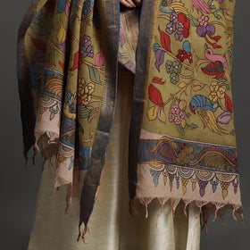 Green Mangalagiri Cotton Handpainted Pen Work Kalamkari Dupatta
