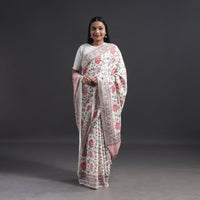 Peach - Hand Block Print Merino Wool Sanganeri Saree 09