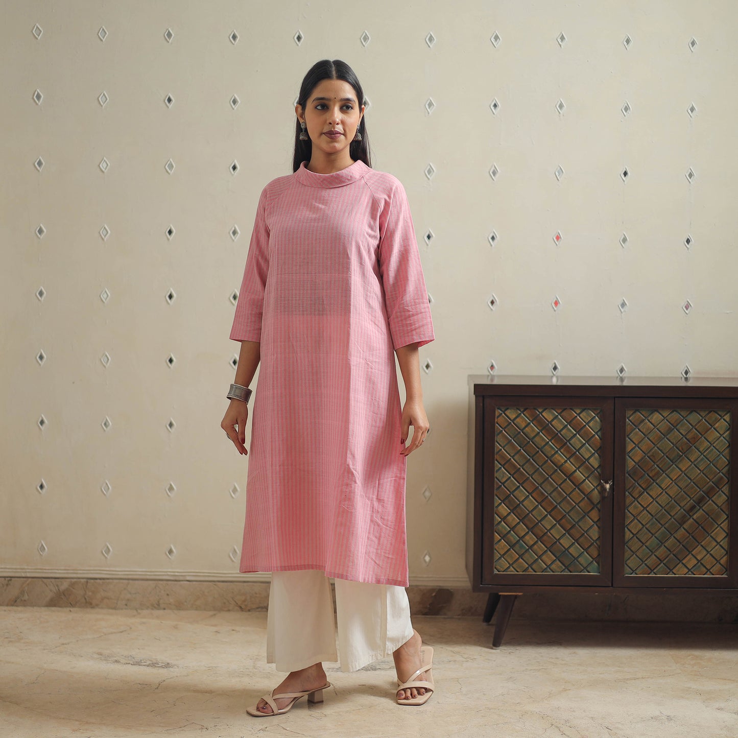 Pink - Handwoven A-Line Stripes Cotton Kurta 20