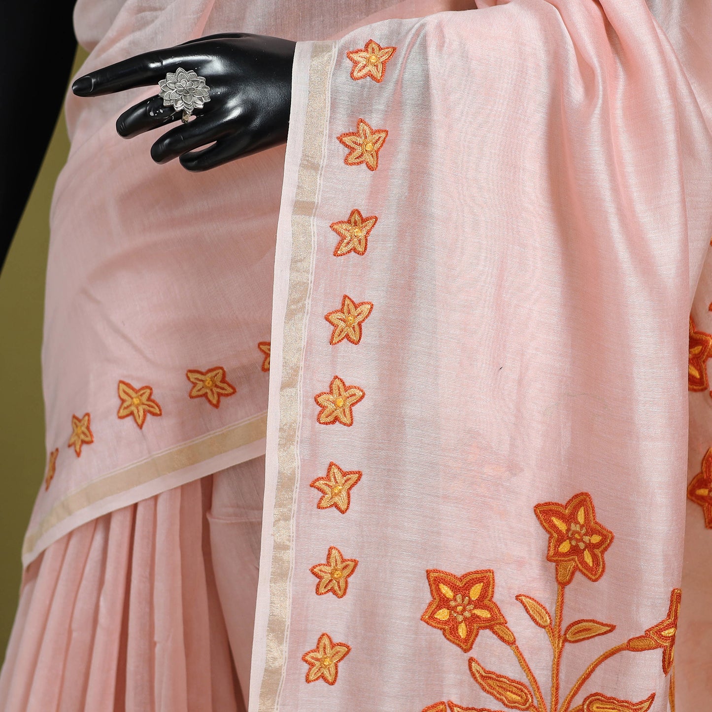 Pink - hand embroidery chanderi silk kashida saree