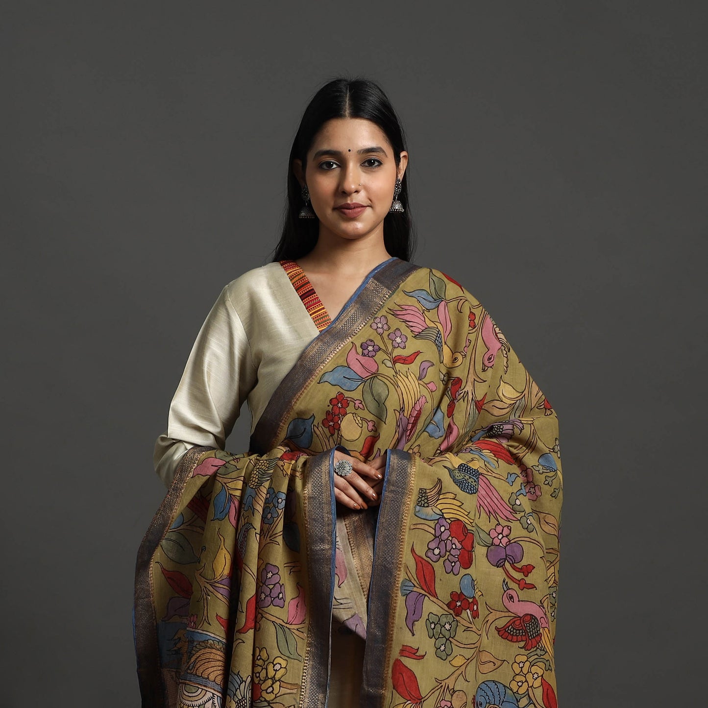 Green Mangalagiri Cotton Handpainted Pen Work Kalamkari Dupatta