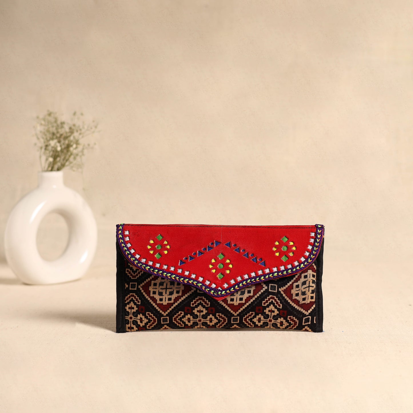 Traditional Kutch Mashru Silk Leather Flap Clutch / Wallet 98