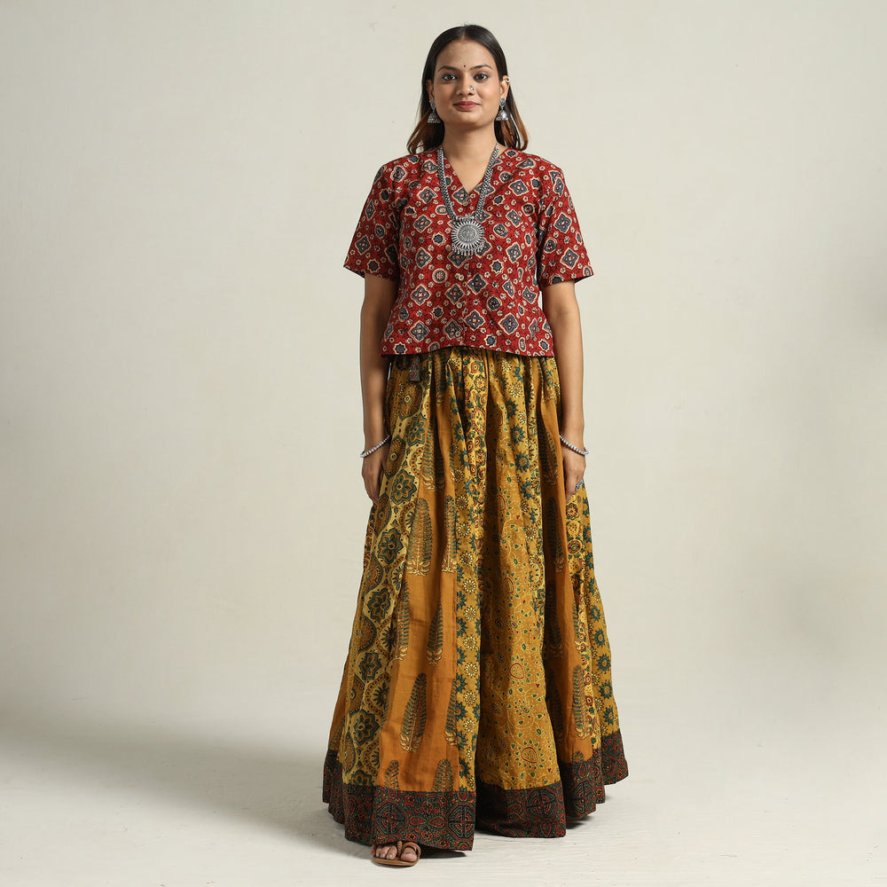 Yellow - Ajrakh Block Printed 24 Kali Patchwork Cotton Long Skirt 67