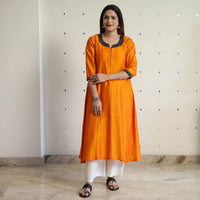 Light Orange - Plain Solid Slub Silk Long A-Line Kurta 25