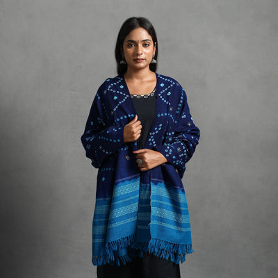 Blue - Kutch Mirror Work Handwoven Bandhani Bagida Woolen Shawl 46