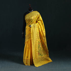 Yellow - Bengal Hand Embroidery Silk Nakshi Kantha Saree 11