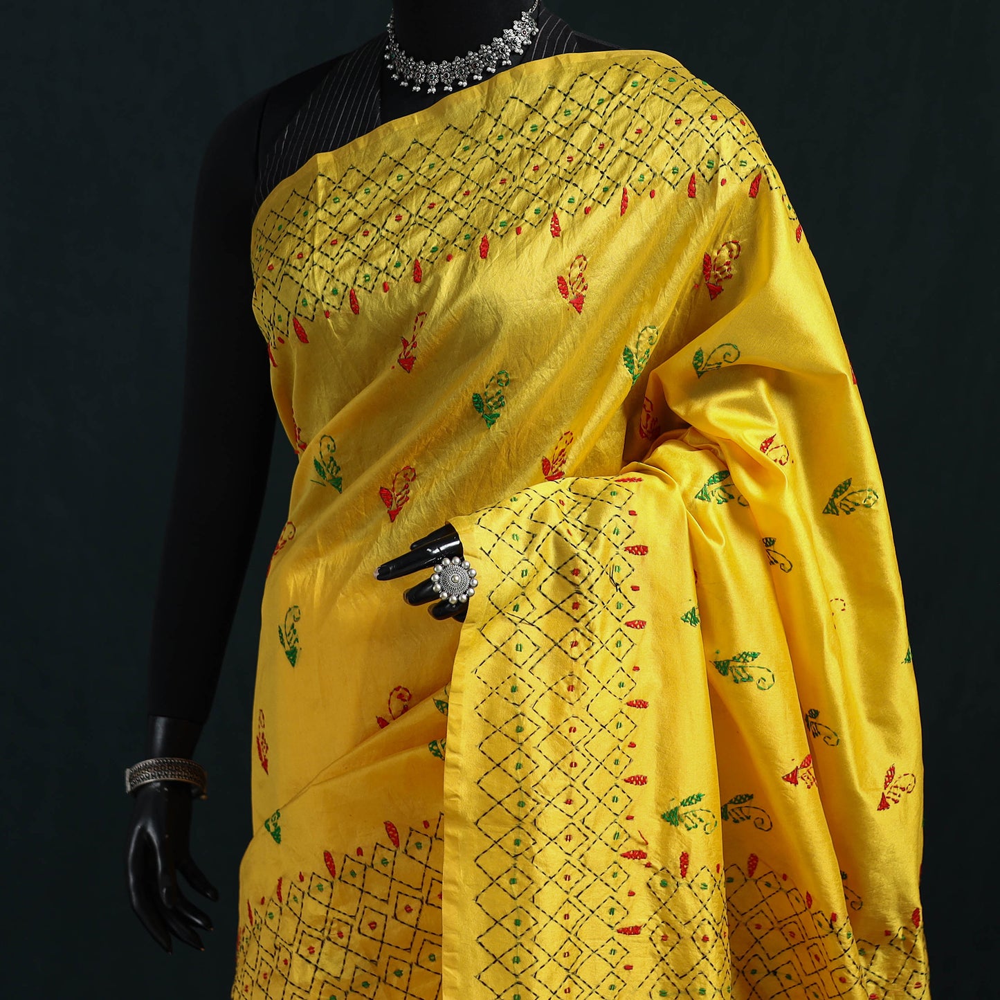 Yellow - Bengal Hand Embroidery Silk Nakshi Kantha Saree 11