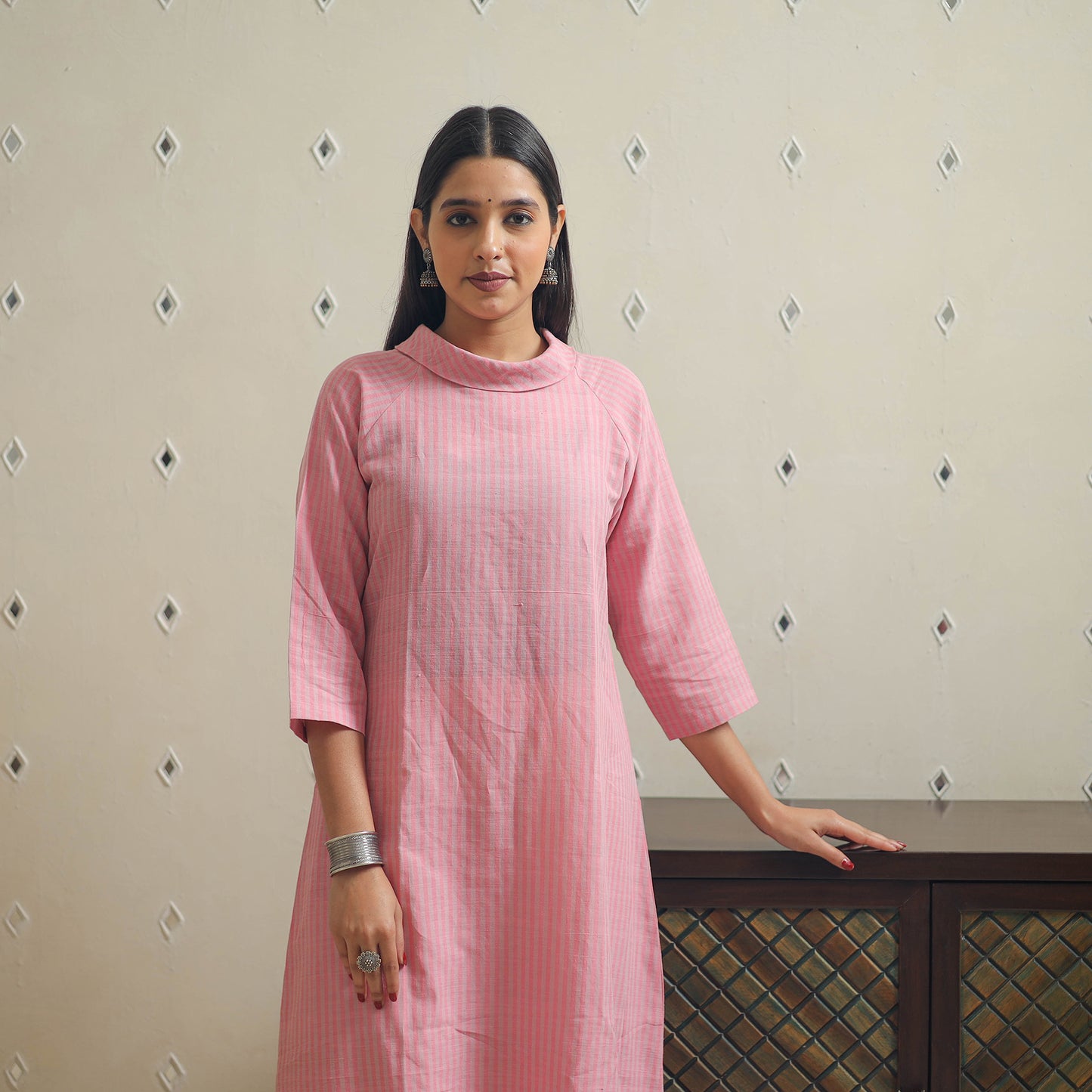 Pink - Handwoven A-Line Stripes Cotton Kurta 20