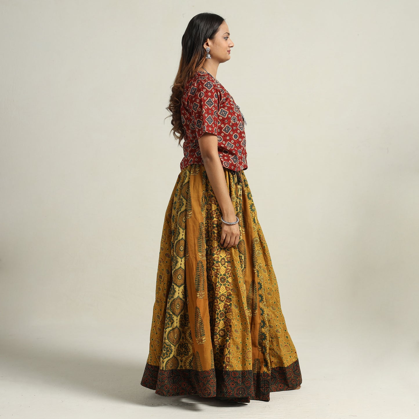 Yellow - Ajrakh Block Printed 24 Kali Patchwork Cotton Long Skirt 67