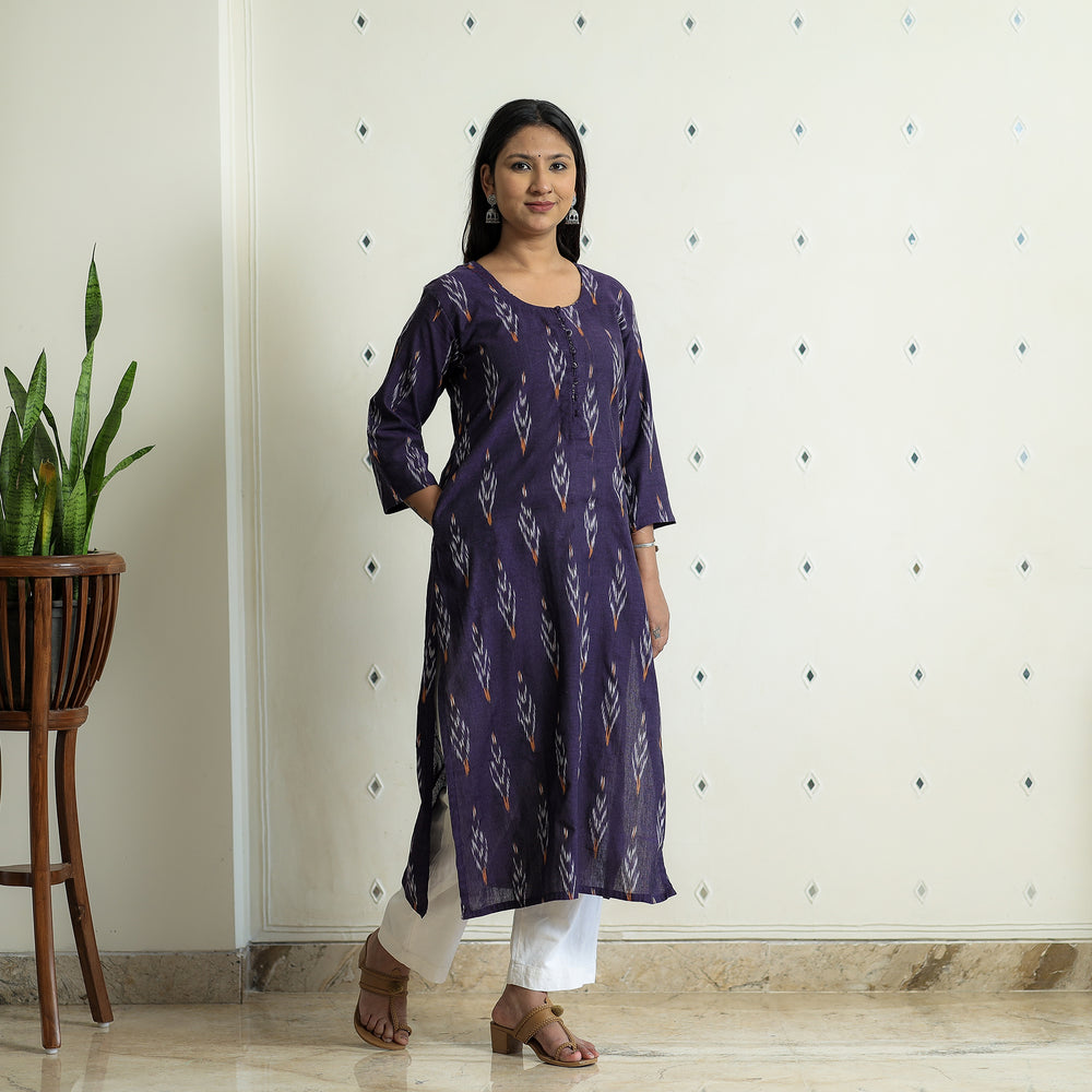 Dark Purple - Pochampally Ikat Weave Cotton Long Straight Kurta