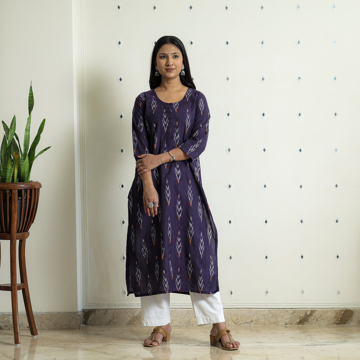 Dark Purple - Pochampally Ikat Weave Cotton Long Straight Kurta