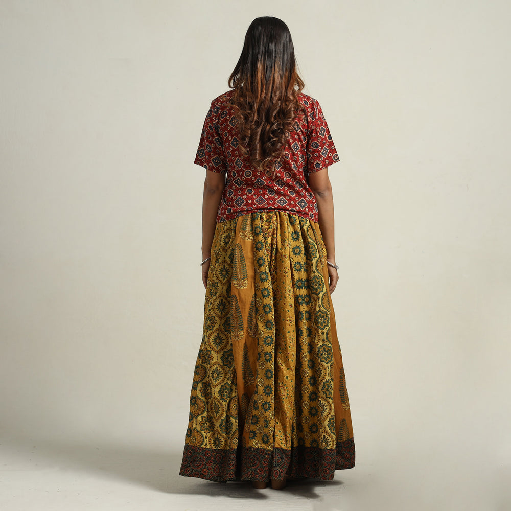 Yellow - Ajrakh Block Printed 24 Kali Patchwork Cotton Long Skirt 67