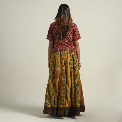 Yellow - Ajrakh Block Printed 24 Kali Patchwork Cotton Long Skirt 67