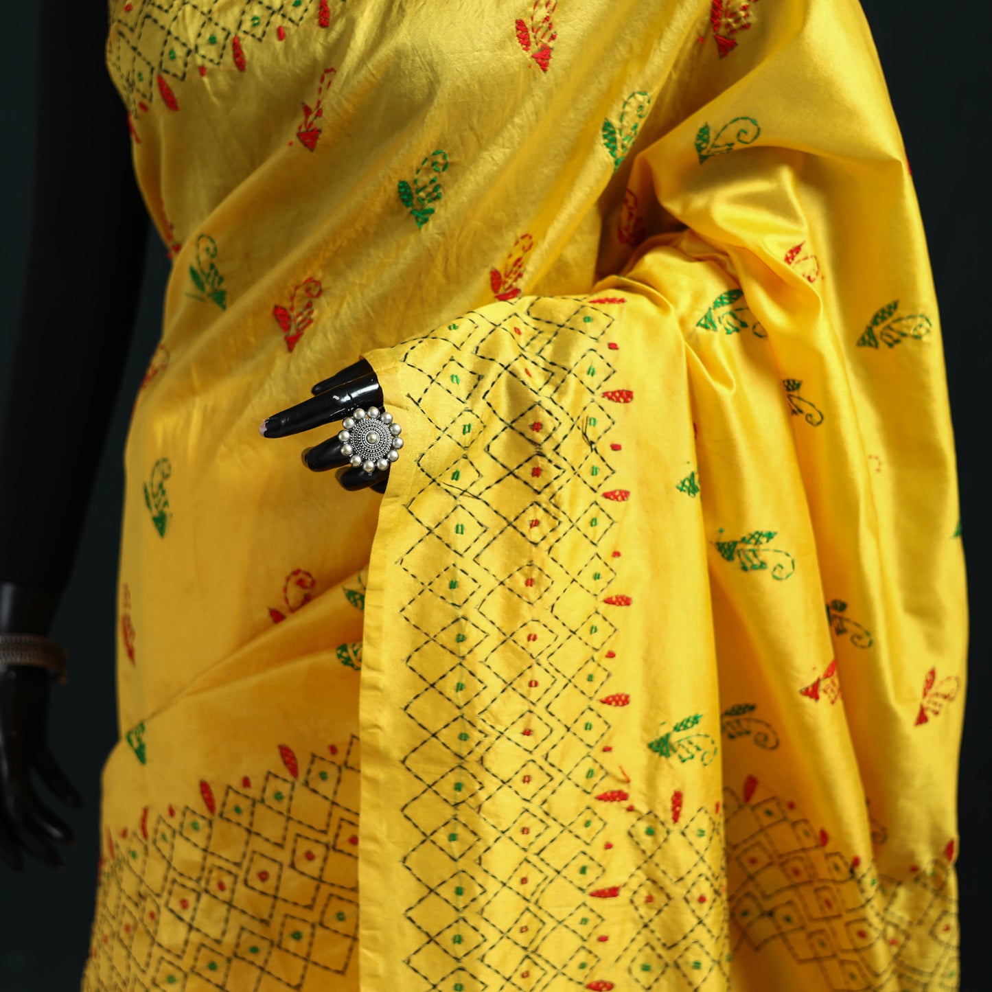 Yellow - Bengal Hand Embroidery Silk Nakshi Kantha Saree 11