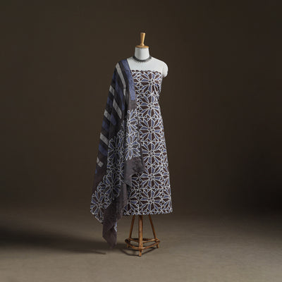 Kutch Hand Batik Print Cotton Unstitched Dress Material: Kurta, Bottom & Dupatta 08