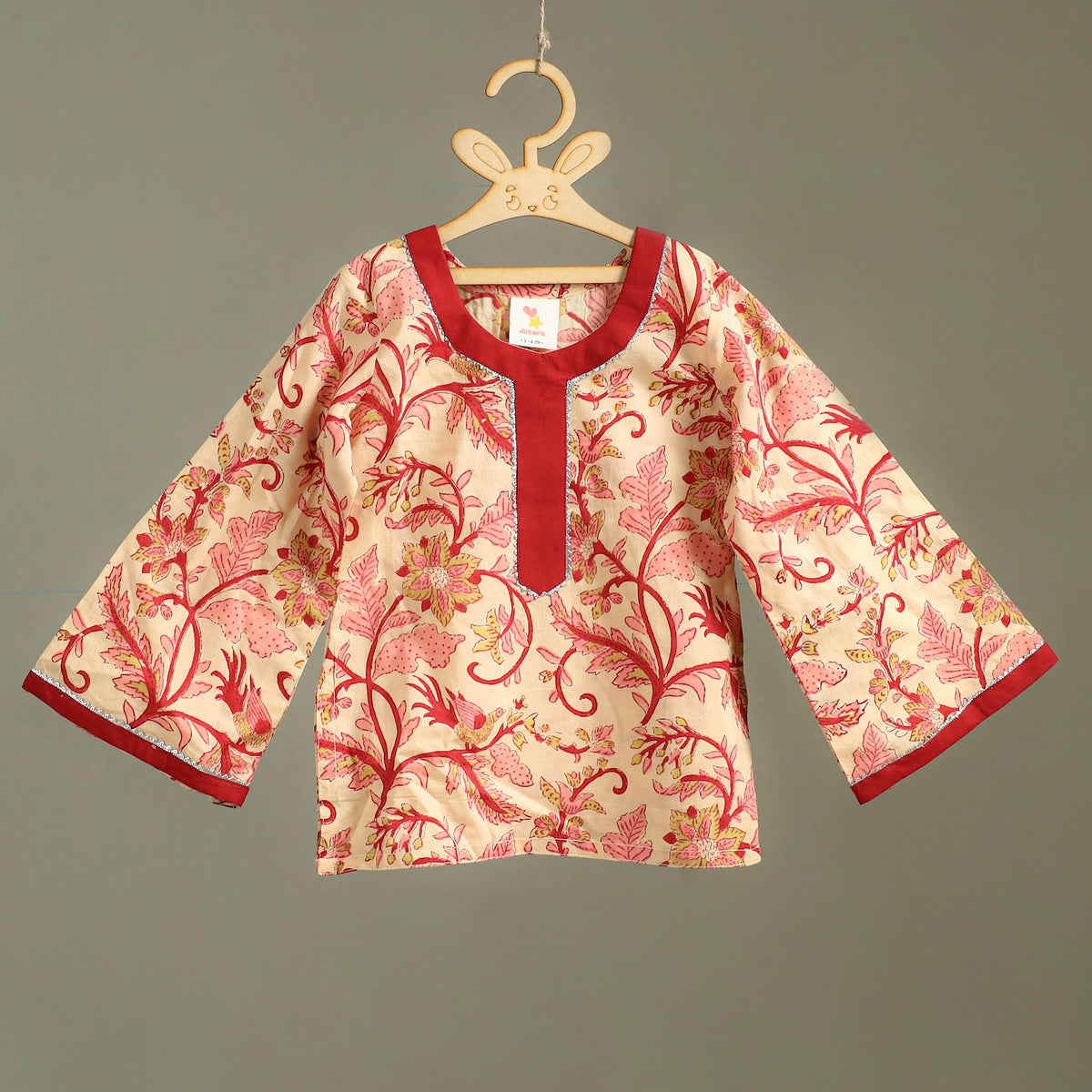 Girls Gota Work Floral Block Print Cotton Kurta with Sharara Set (3-4 Years) 05