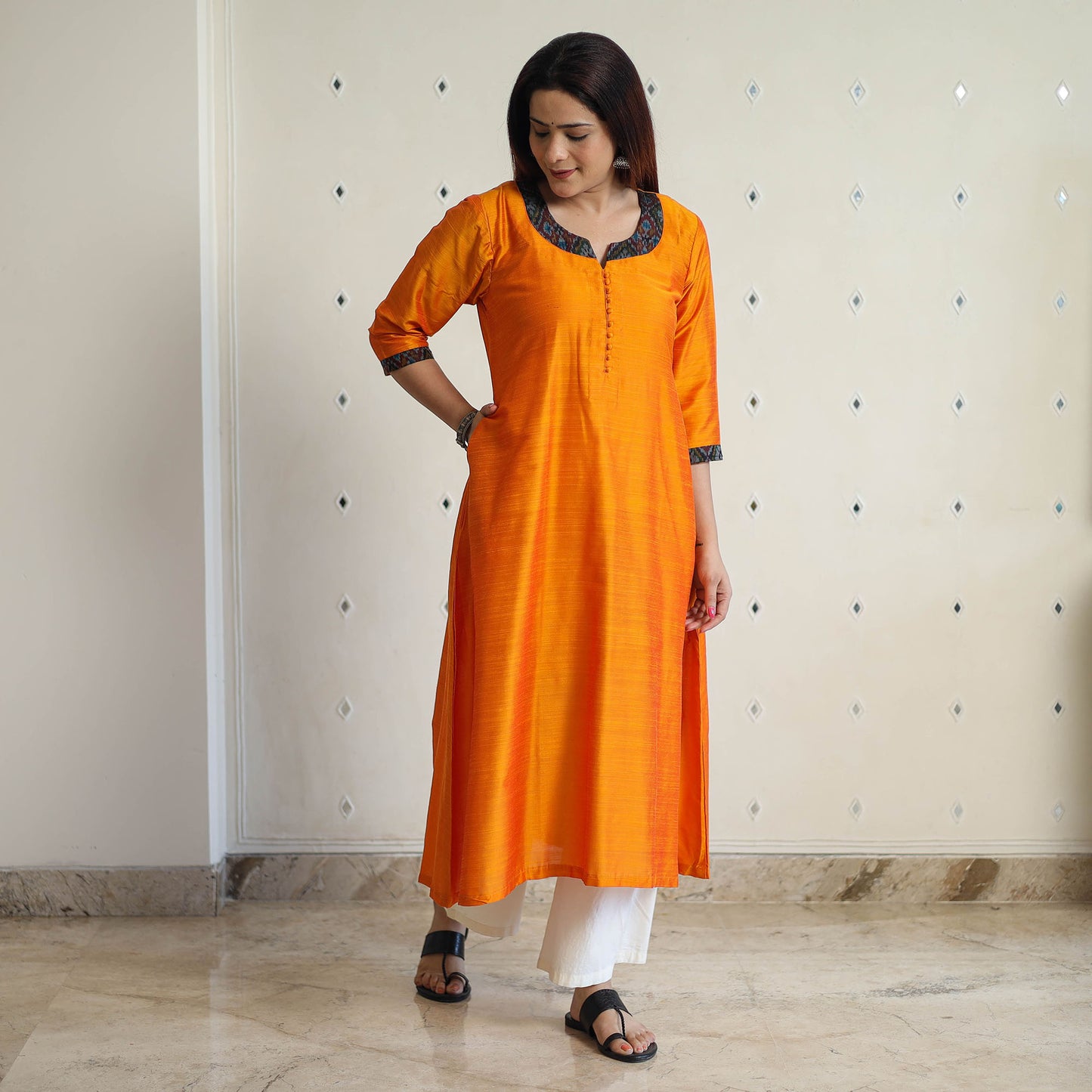 Light Orange - Plain Solid Slub Silk Long A-Line Kurta 25