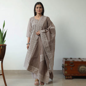 Brown - Applique Cut Work Cotton Kurta with Palazzo & Dupatta Set 07
