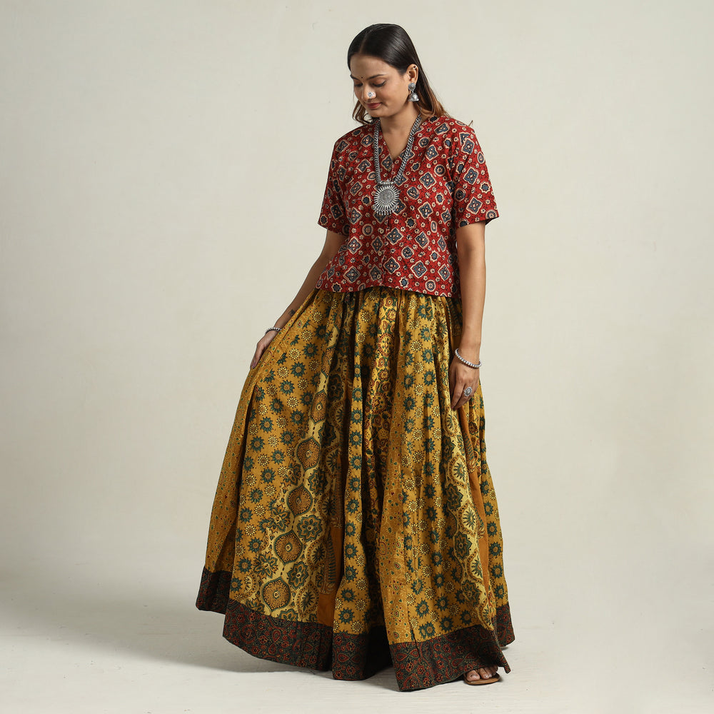 Yellow - Ajrakh Block Printed 24 Kali Patchwork Cotton Long Skirt 67