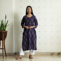 Dark Purple - Pochampally Ikat Weave Cotton Long Straight Kurta