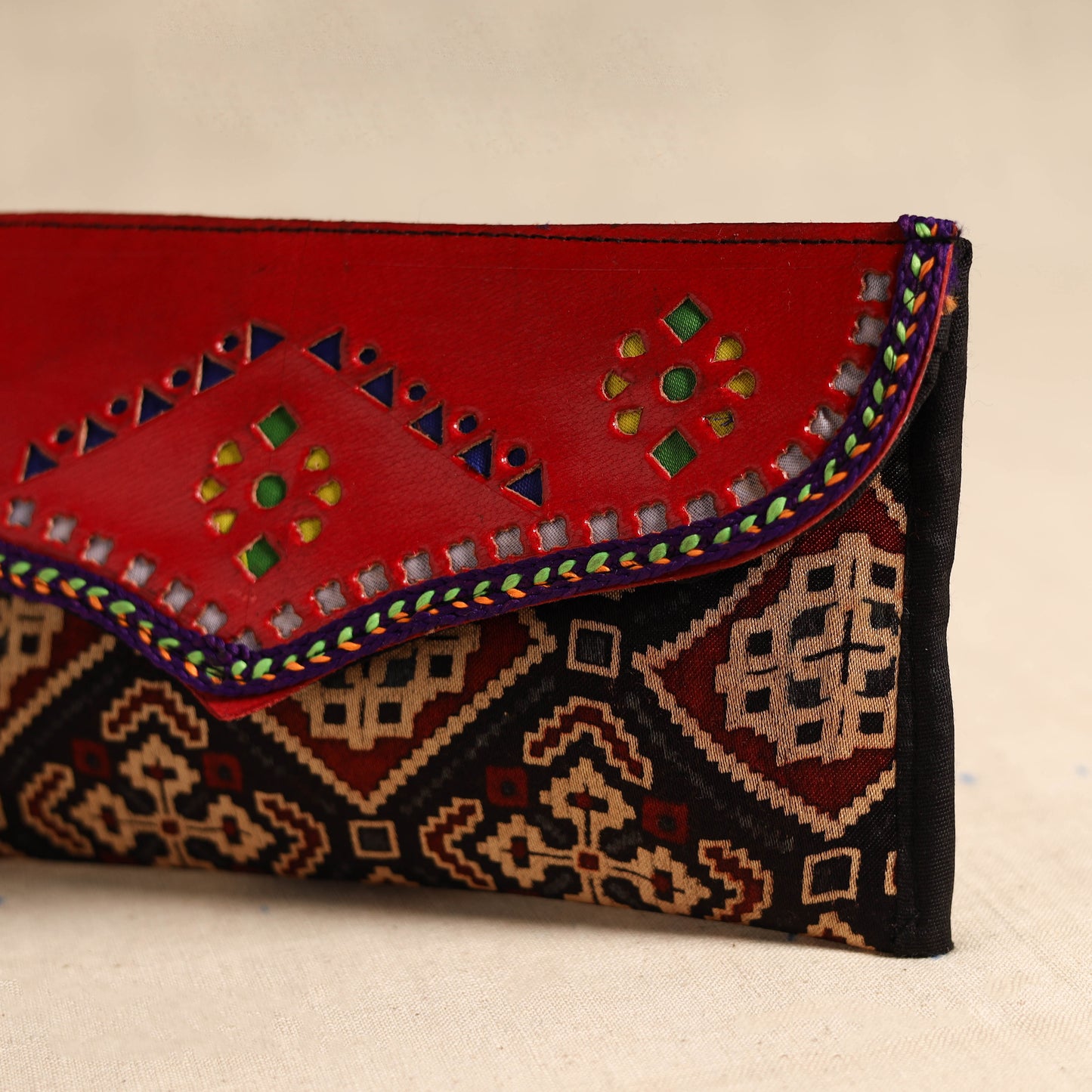 Traditional Kutch Mashru Silk Leather Flap Clutch / Wallet 98