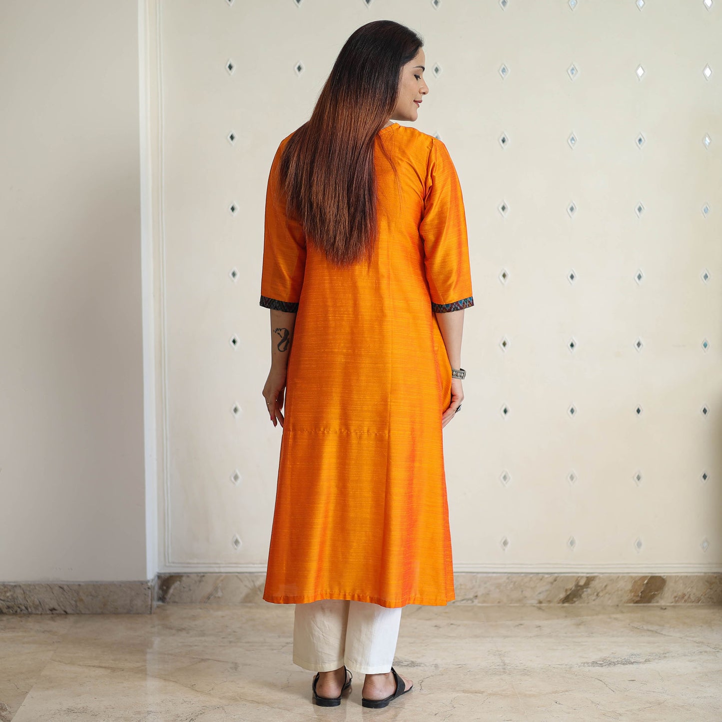 Light Orange - Plain Solid Slub Silk Long A-Line Kurta 25