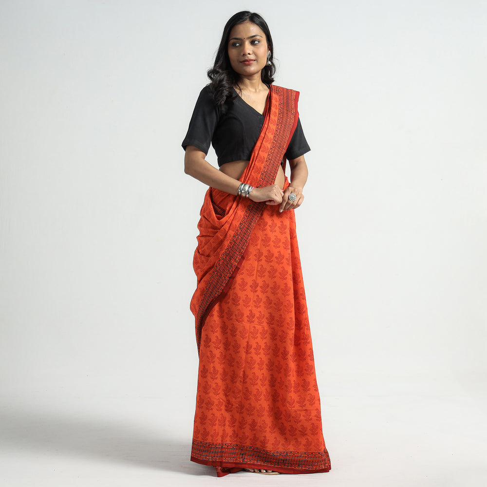 Orange - Bagh Hand Block Printed Natural Dyed Cotton Saree