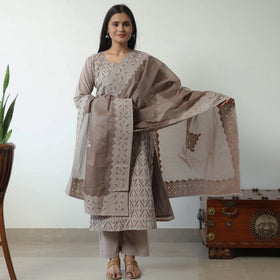 Brown - Applique Cut Work Cotton Kurta with Palazzo & Dupatta Set 07