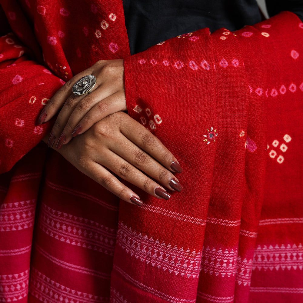 Red - Kutch Mirror Work Handwoven Bandhani Bagida Woolen Shawl 47