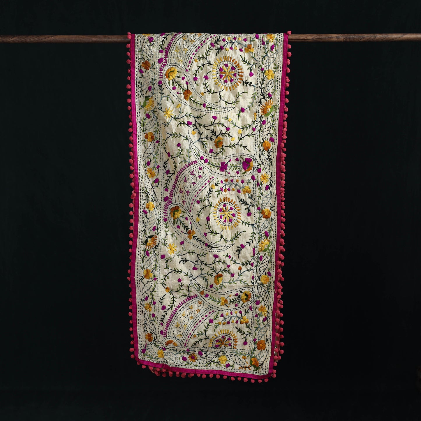 Ranihati Chanderi Silk Hand Embroidered Stole with Pom Pom 242