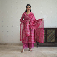 Pink - Hand Block Bagru Print Chanderi Silk Kurta Set 06